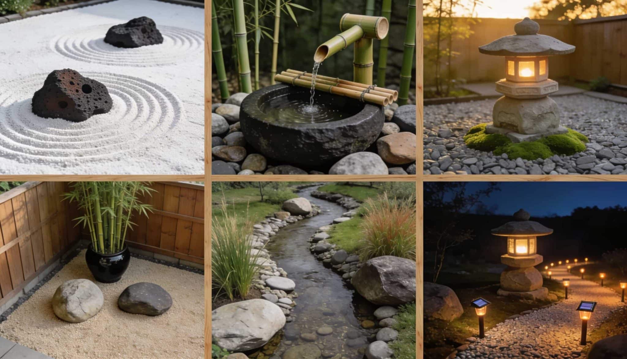 Alt Text: A collage of six images showcasing various Zen garden elements including raked gravel, a bamboo water fountain, and lit stone lanterns.