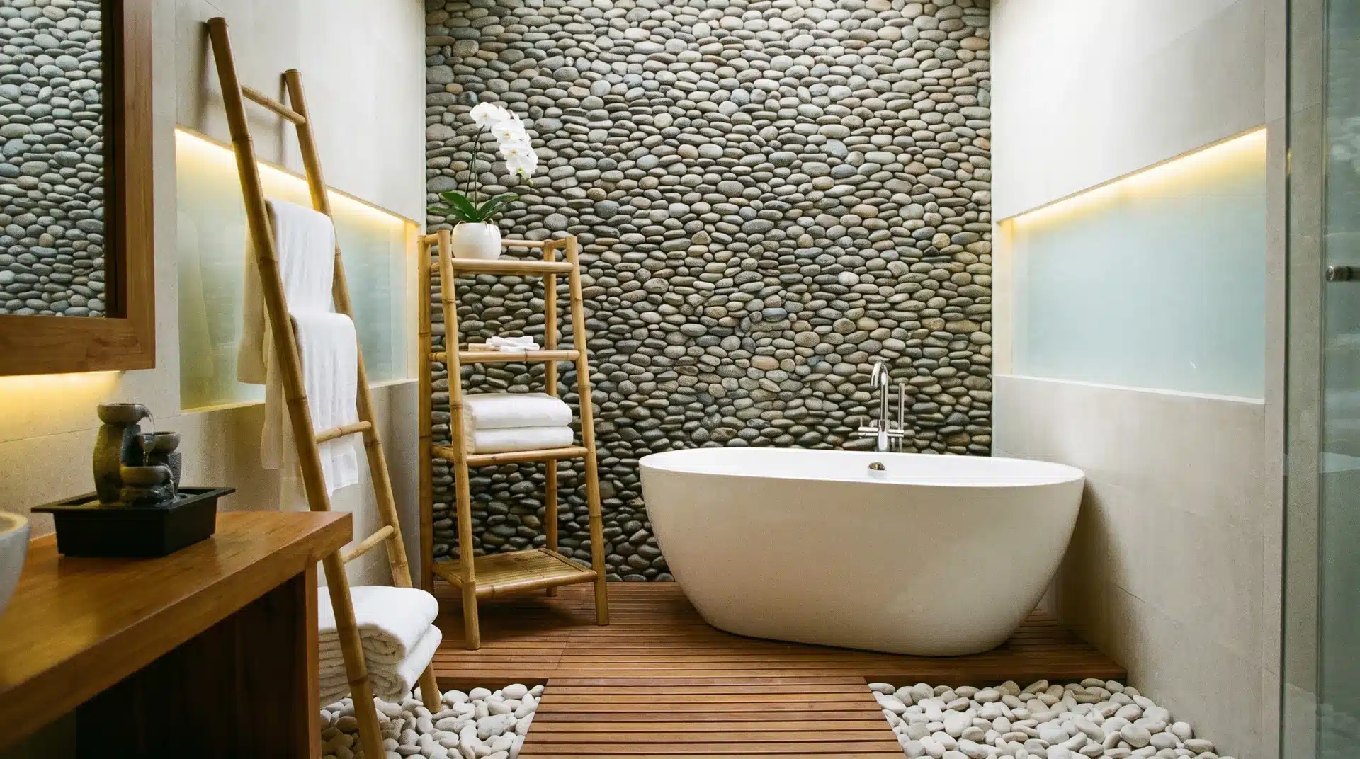 Zen bathroom with a white freestanding tub, wood slat flooring, pebble accent wall, and a bamboo ladder towel rack.