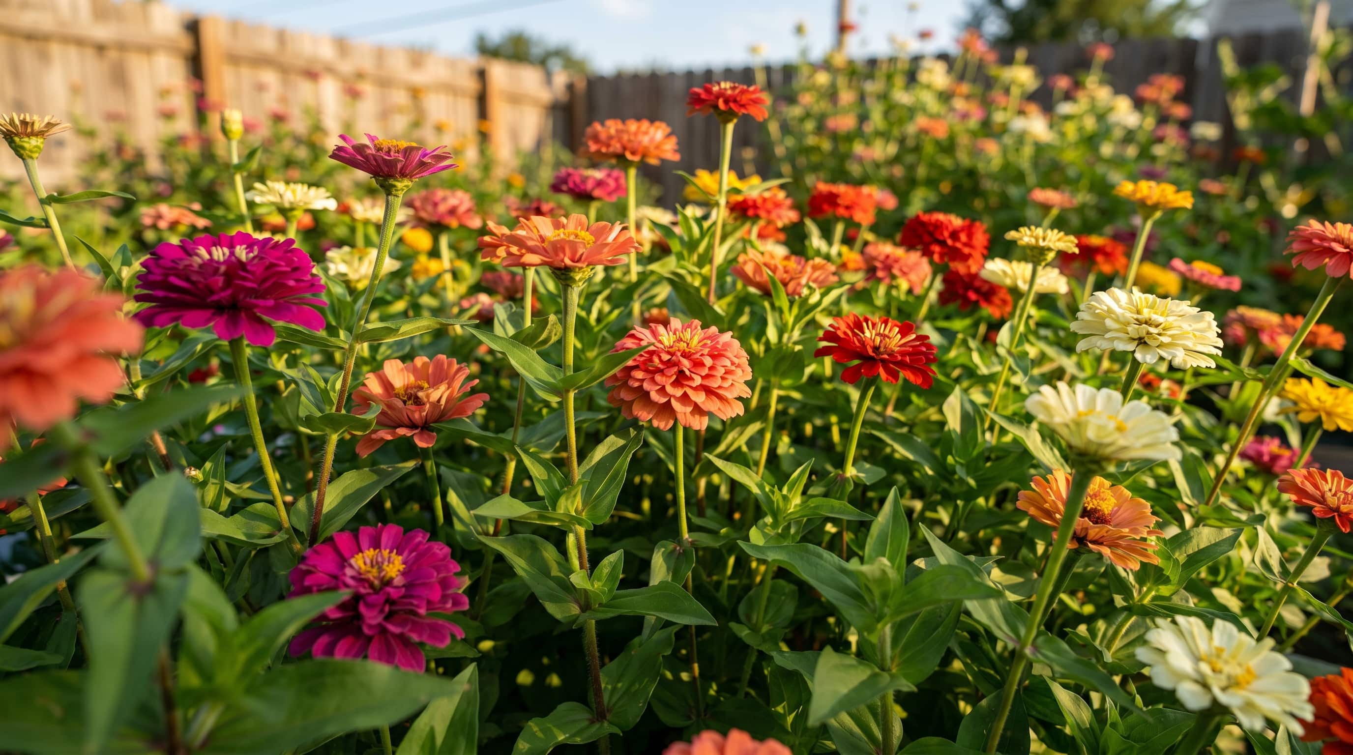 Colorful zinnia flowers in shades of red, orange, pink, and cream in garden.