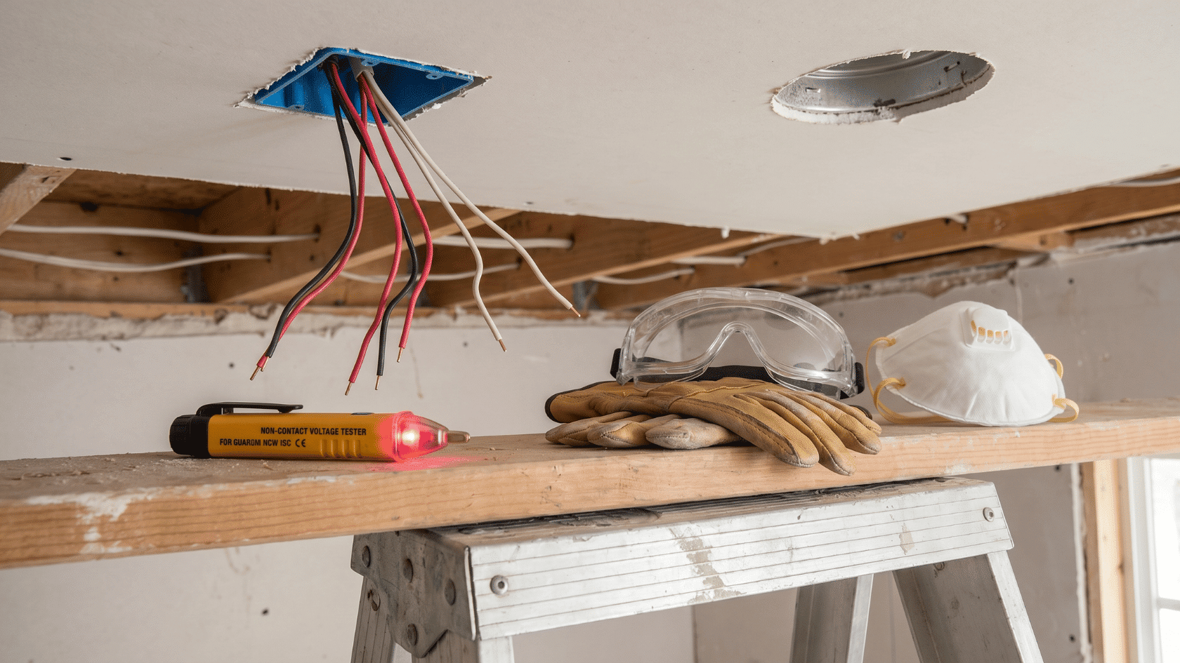 Exposed ceiling wires with a non-contact voltage tester glowing red, safety gloves, goggles, and a dust mask placed on a ladder shelf below.