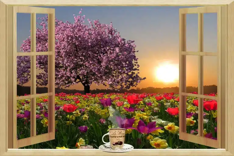 Open window view of blossoming cherry tree and colorful flower field at sunrise with coffee cup