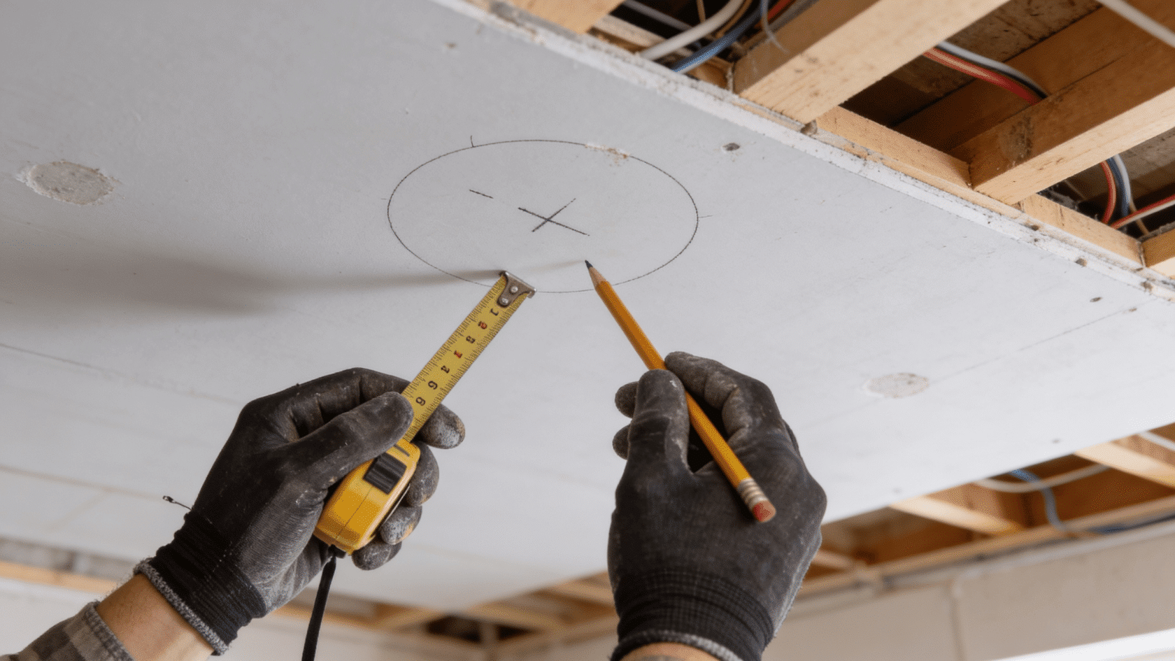 Hands in gloves holding a tape measure and pencil, marking a circle on a ceiling for recessed light placement with exposed ceiling joists above.