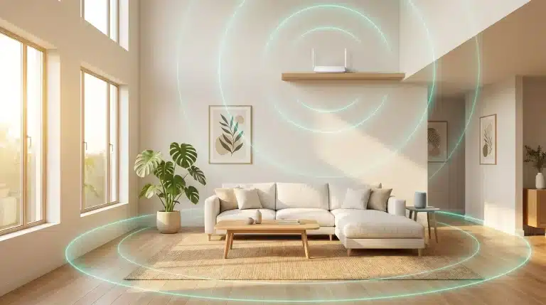 Modern living room with white sofa, Wi-Fi router on shelf, and houseplant in natural light