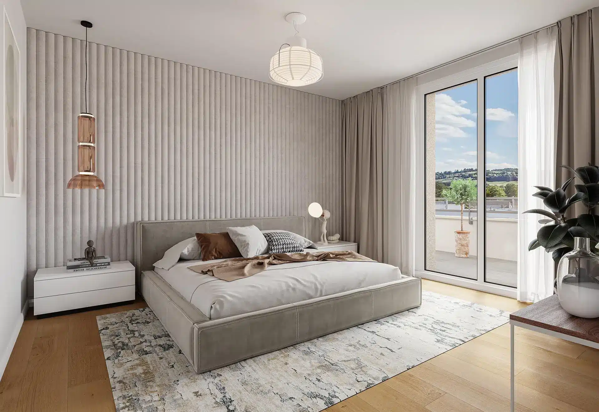 Modern bedroom with gray upholstered bed, textured wall, and glass doors opening to balcony