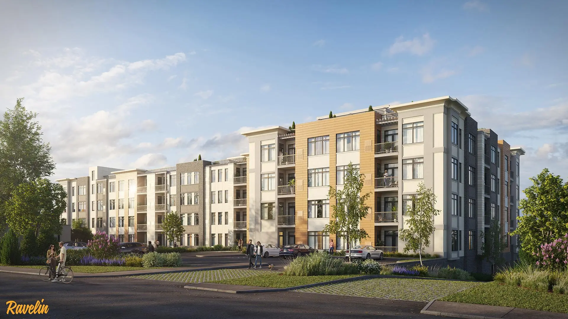 Modern apartment building with beige and gray facade under clear blue sky