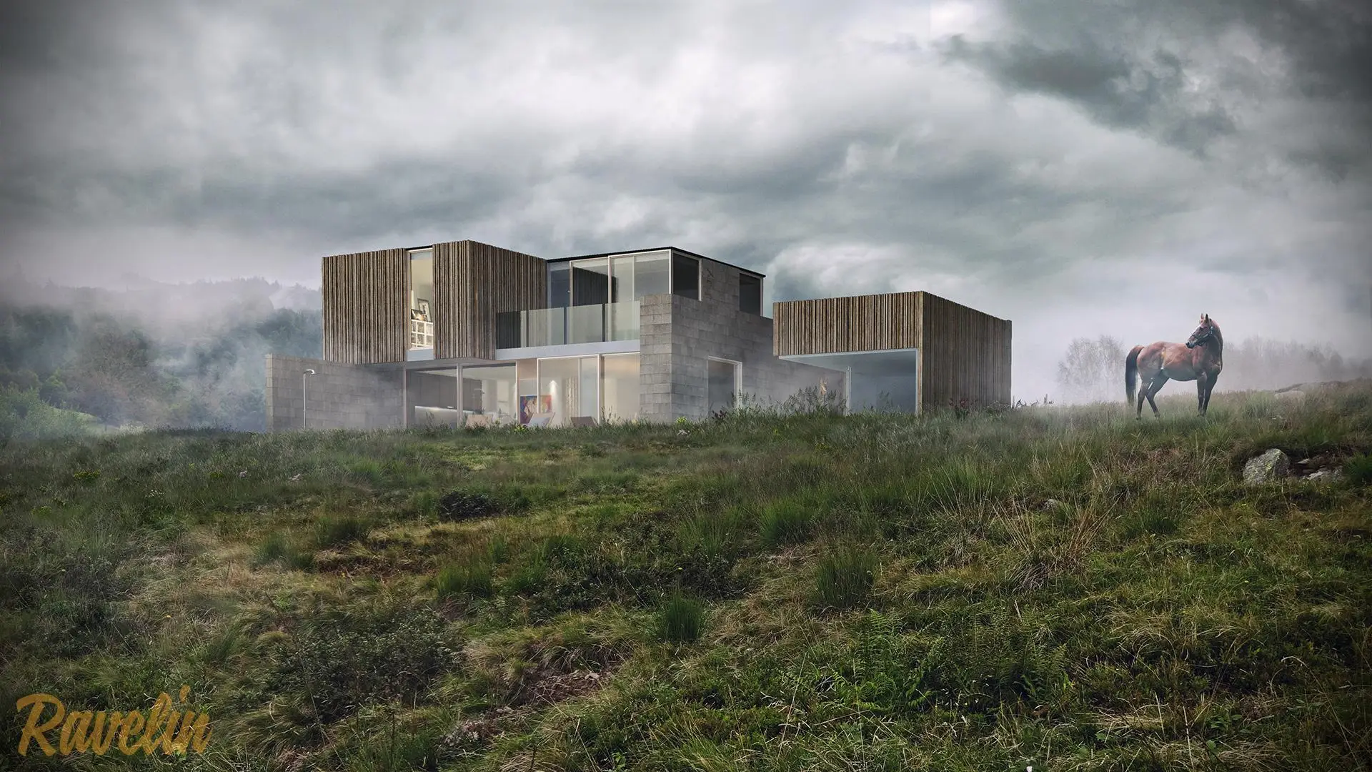 Modern house with wooden facade in misty landscape alongside a brown horse under cloudy sky