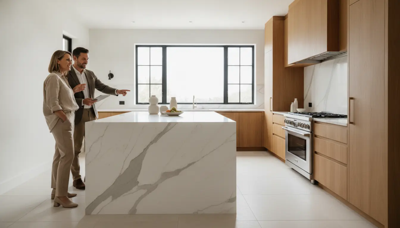 Man and woman in modern kitchen with large marble island and wooden cabinets
