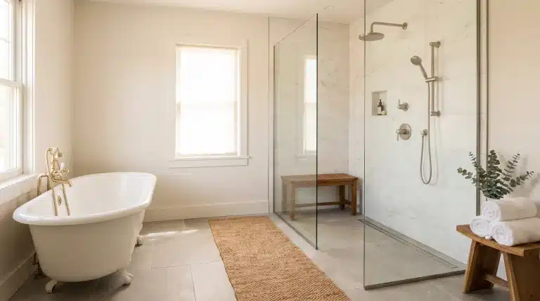 Clawfoot bathtub and glass walk-in shower in bright, minimalist bathroom with natural light