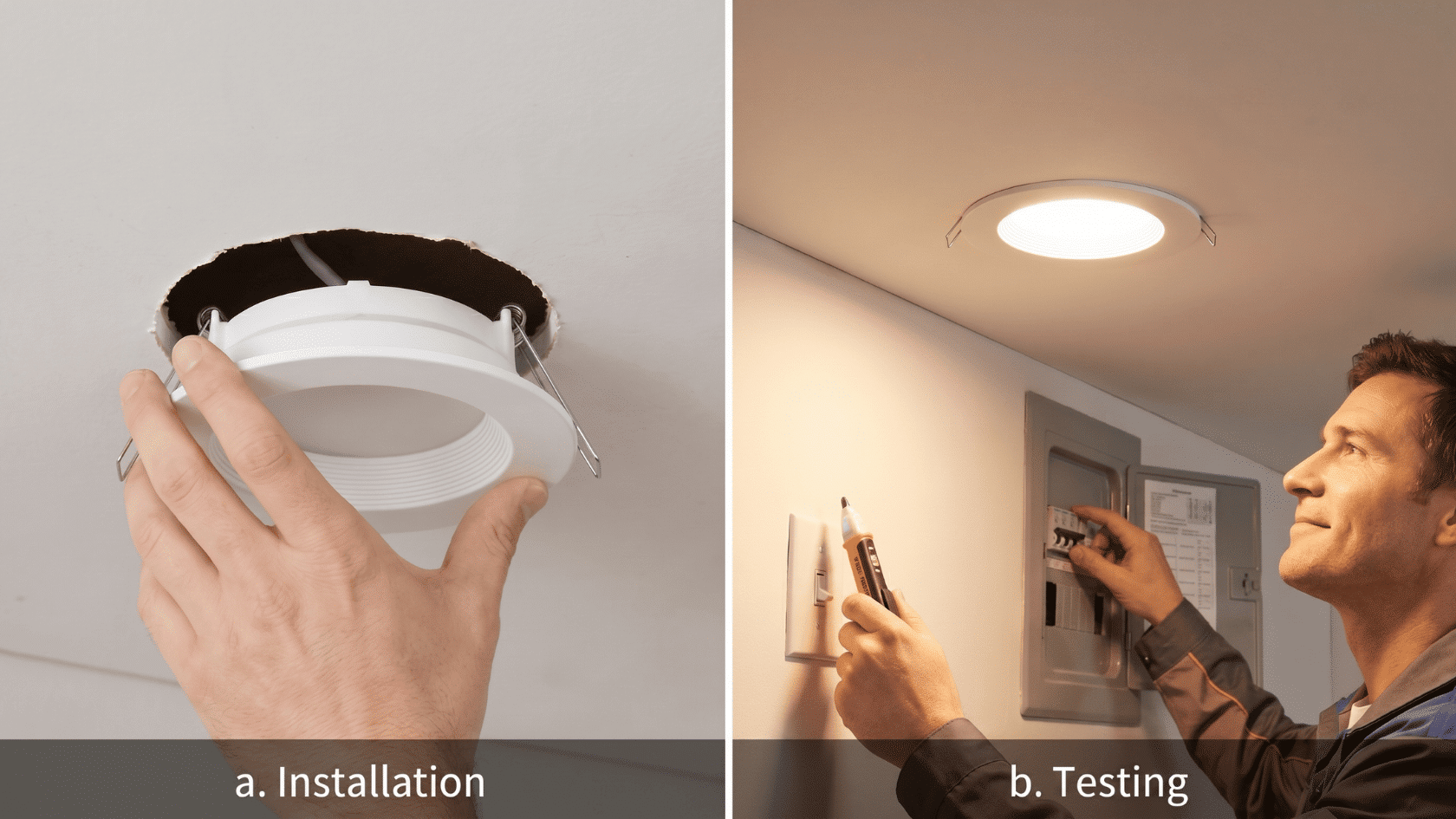 Left: Hand installing a recessed light fixture into a ceiling hole. Right: Person testing the installed light using a switch and voltage tester.