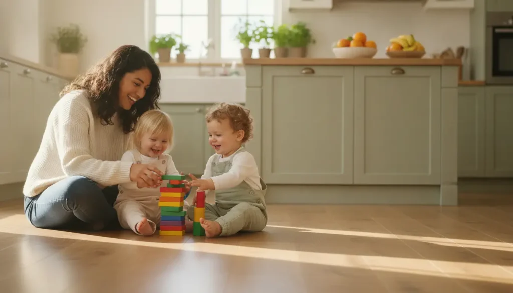 Mother and two toddlers playing with colorful blocks on wooden floor in sunlit kitchen