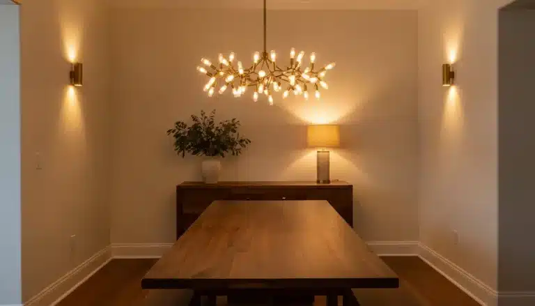Dining room with wooden table, modern chandelier, and sideboard with vase and lamp in warm lighting