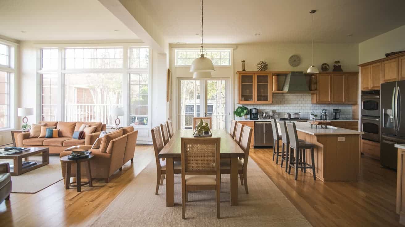 An open-concept home interior showing a dining table with chairs that transitions into a living room with a couch and a kitchen area.
