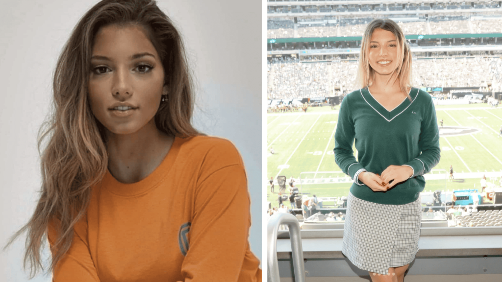 Split image of Overtime Megan posing in an orange top on the left and standing on a football field sideline on the right.