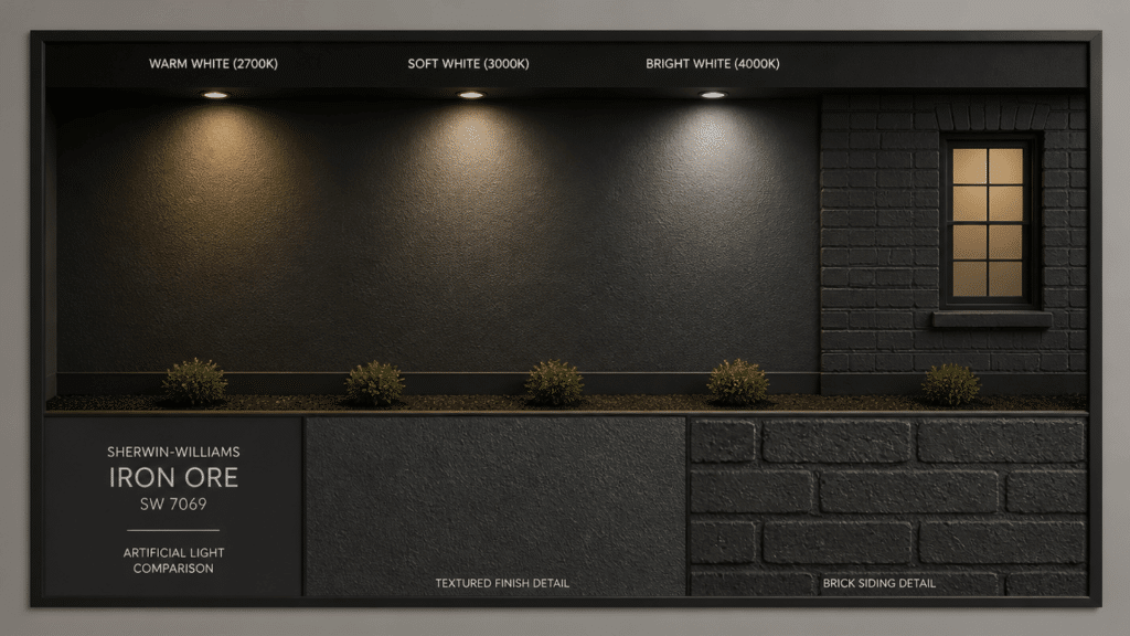Lighting comparison of Sherwin-Williams Iron Ore exterior wall showing warm, soft, and bright white lighting with brick detail