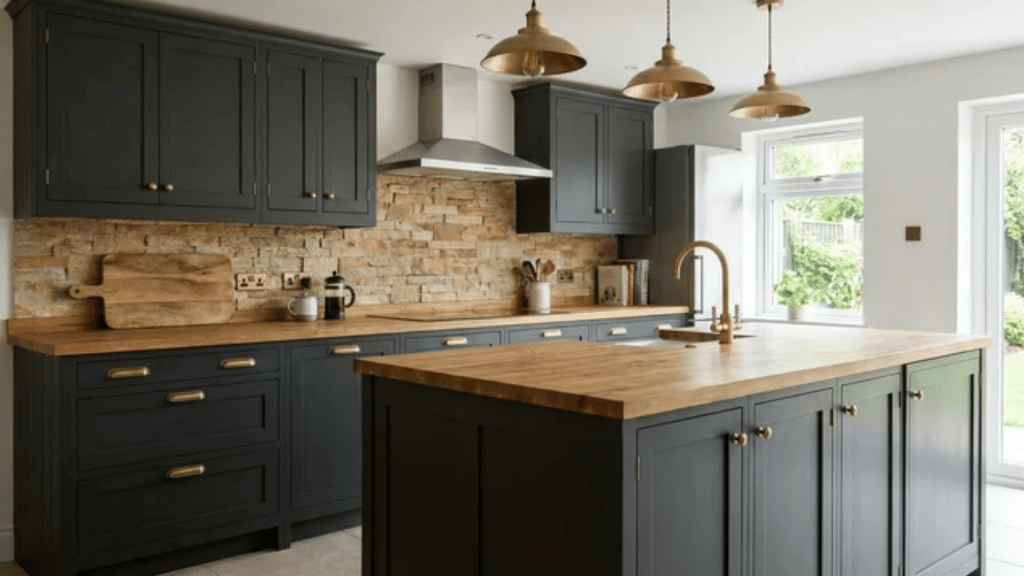 Dark charcoal shaker cabinets with butcher block countertops, stone backsplash, and brass pendant lights.