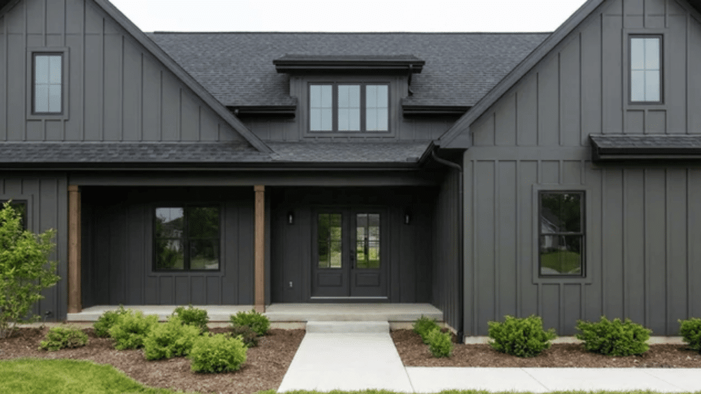 Dark charcoal board-and-batten farmhouse exterior with wood porch posts and black windows