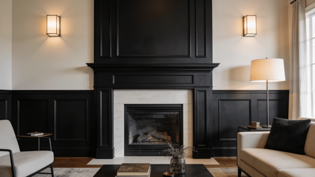 Bold black mantle and fireplace painted in Iron Ore against cream walls with wainscoting and warm sconce lighting.