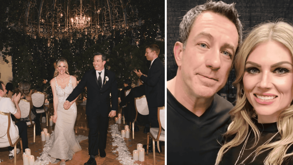 Split image of Jamie Lissow and Jessica Lissow walking down their wedding aisle and smiling together in a portrait.