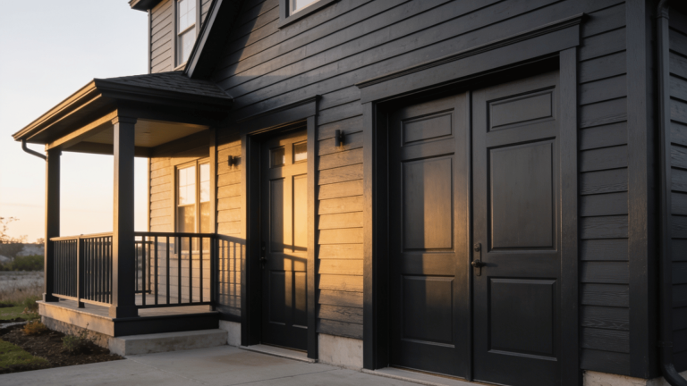 Dark charcoal painted horizontal siding and front doors on a house exterior with a covered porch at sunset