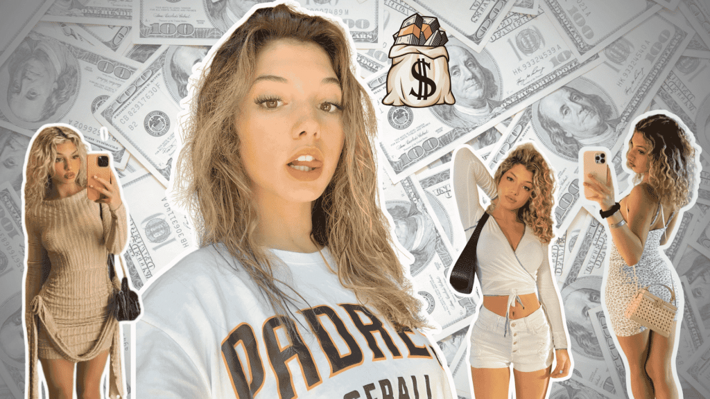 A photo collage of influencer Overtime Megan over a background of scattered hundred-dollar bills and a money bag icon.