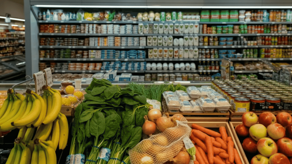 Supermarket produce section with bananas, spinach, onions, carrots, apples, and eggs on display, illustrating a well-stocked <echighlighted>grocery list ideas</echighlighted> with shelves of canned and packaged goods in the background.