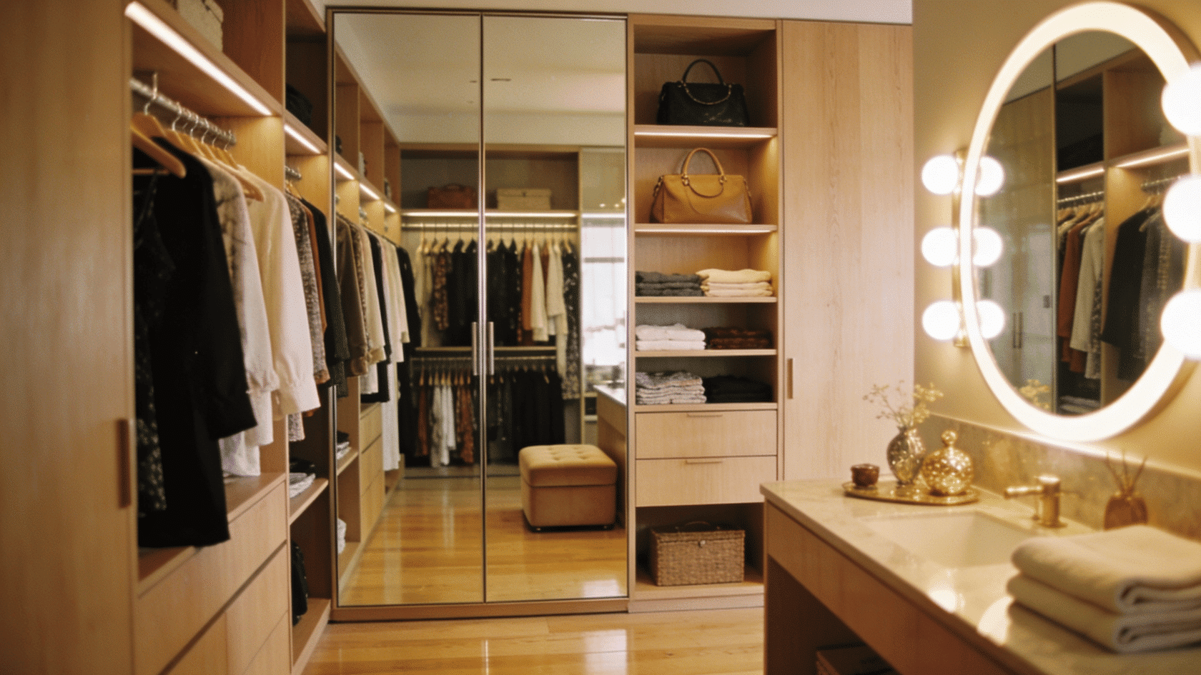 Walk-in closet with clothes, shelves, mirrored doors, and a vanity.