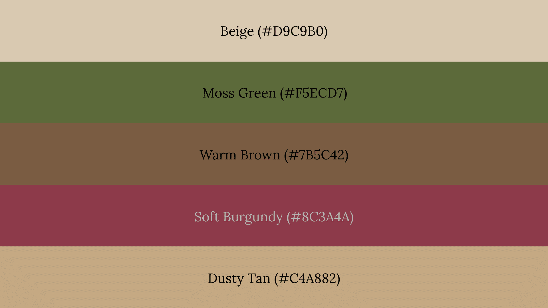 A five-band fall color palette featuring Beige, Moss Green, Warm Brown, Soft Burgundy, and Dusty Tan with hex codes.