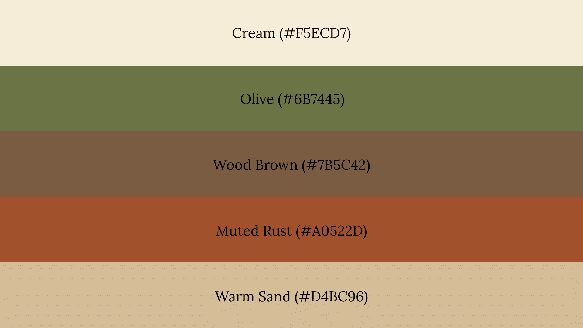 A five-band fall color palette featuring Cream, Olive, Wood Brown, Muted Rust, and Warm Sand with hex codes.
