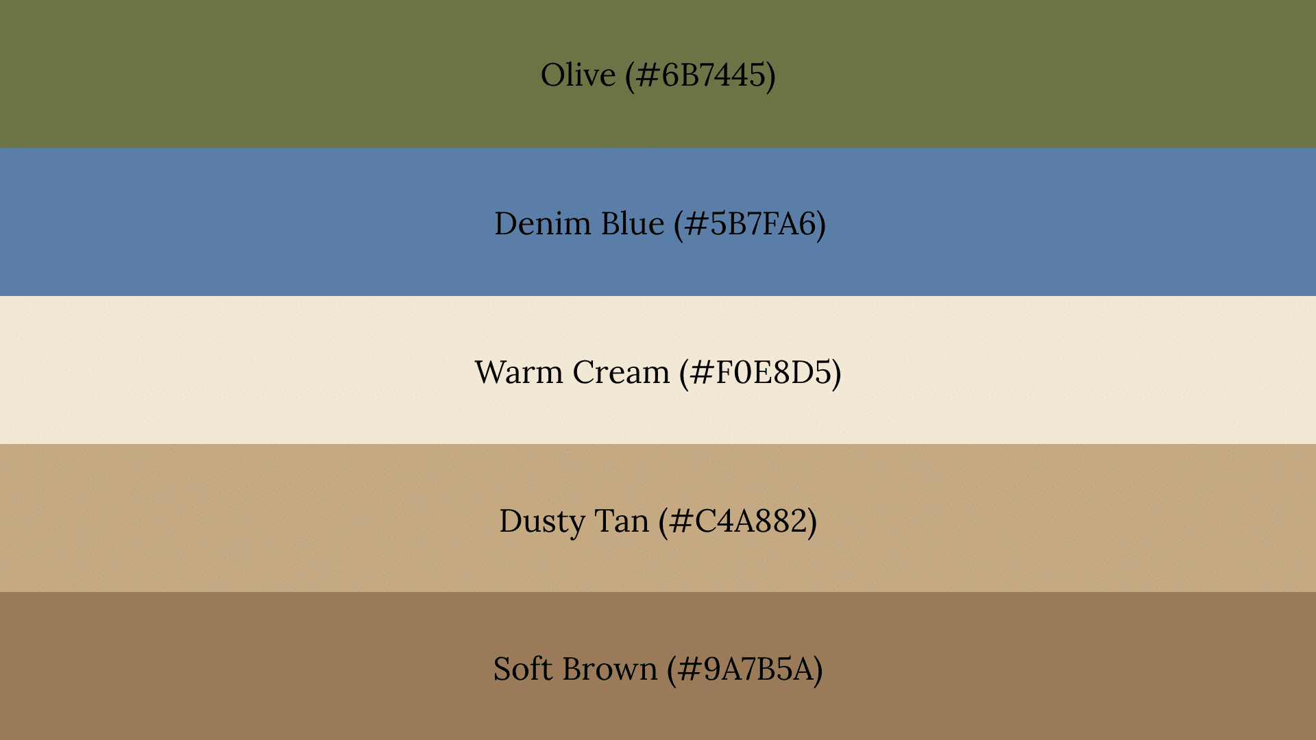 A five-band fall color palette featuring Olive, Denim Blue, Warm Cream, Dusty Tan, and Soft Brown with hex codes.