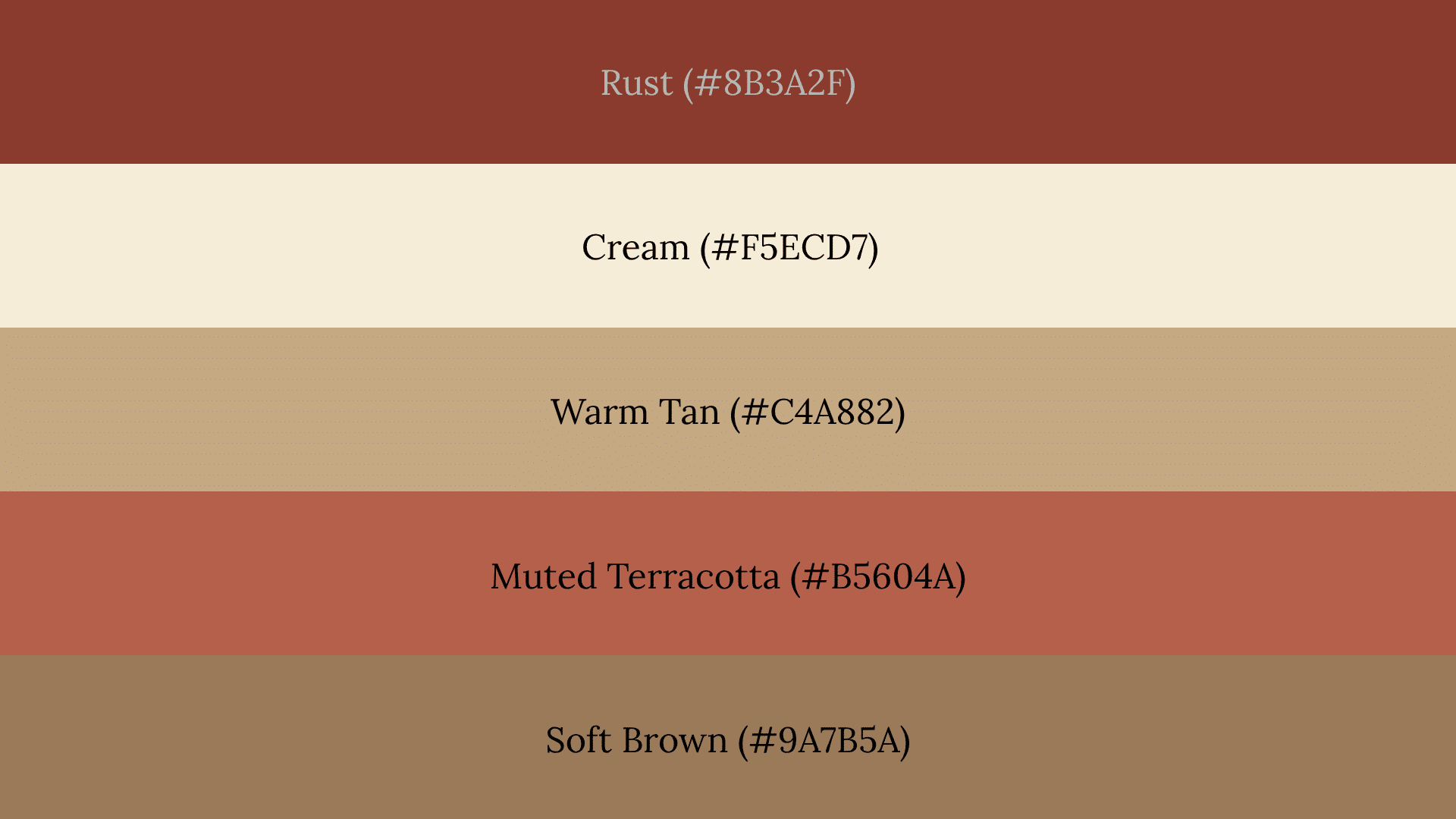 A five-band fall color palette featuring Rust, Cream, Warm Tan, Muted Terracotta, and Soft Brown with hex codes.