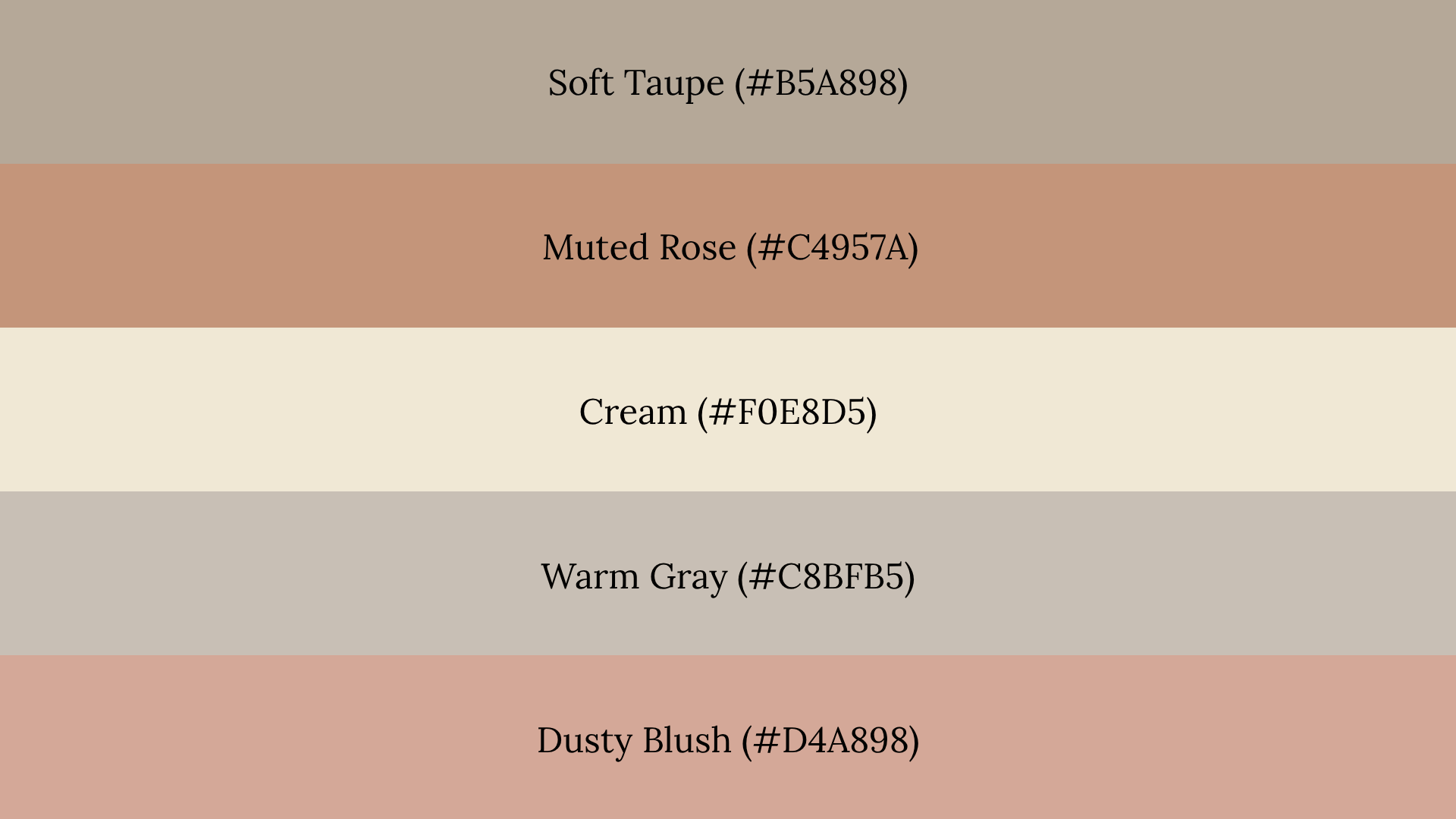 A five-band fall color palette featuring Soft Taupe, Muted Rose, Cream, Warm Gray, and Dusty Blush with hex codes.