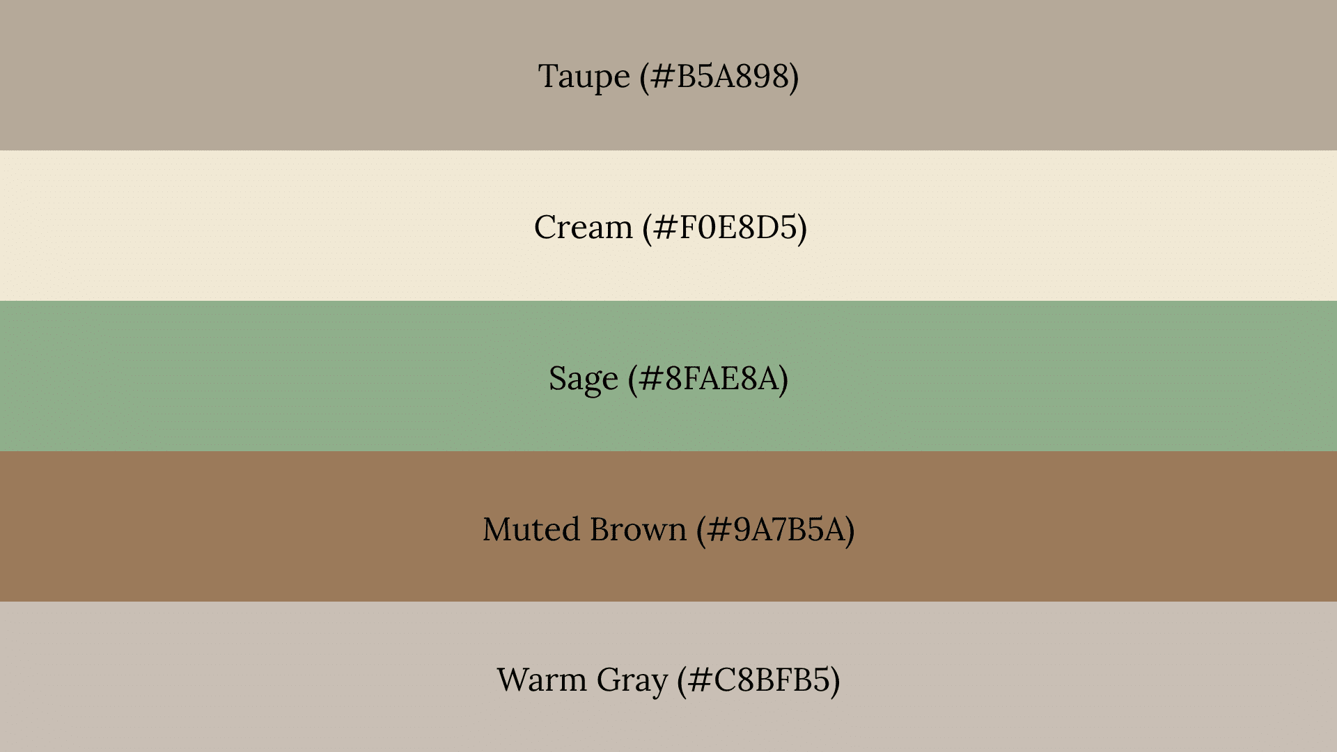 A five-band fall color palette featuring Taupe, Cream, Sage, Muted Brown, and Warm Gray with hex codes.