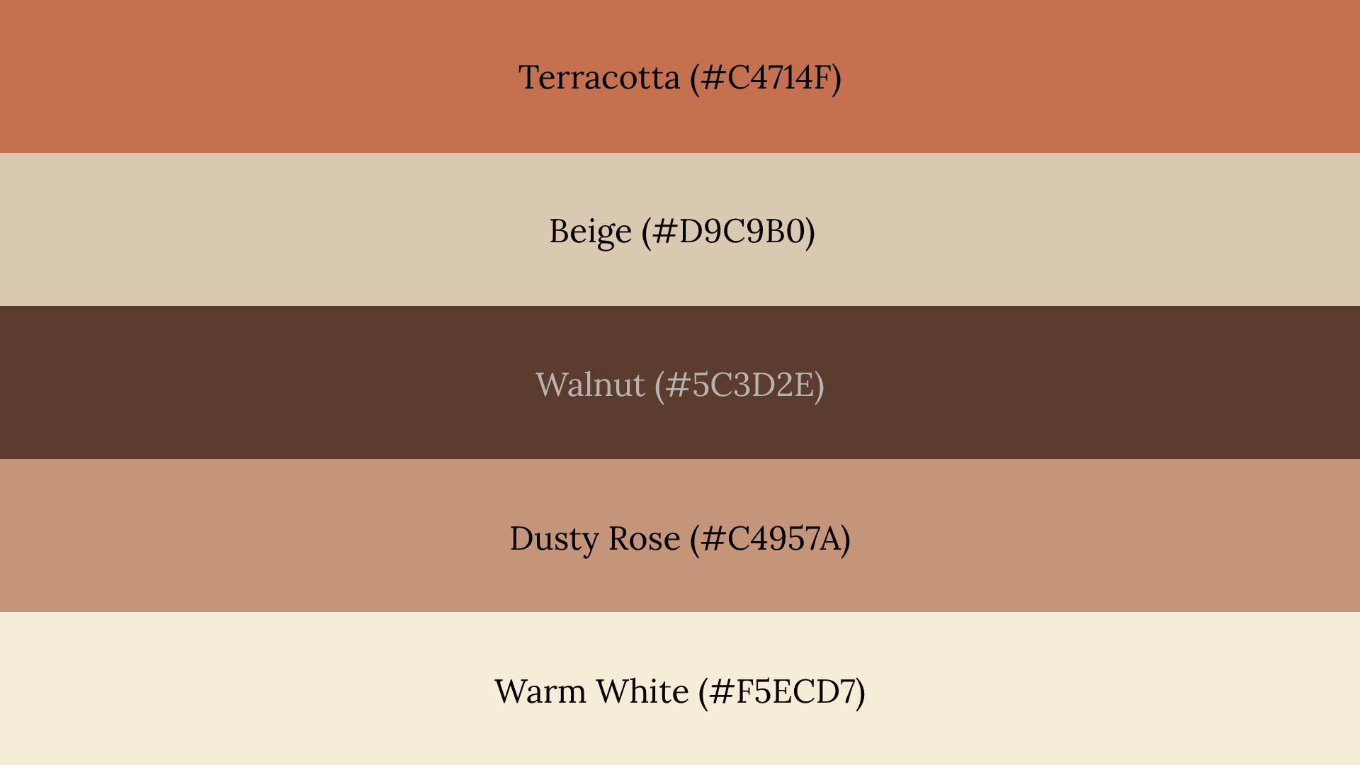 A five-band fall color palette featuring Terracotta, Beige, Walnut, Dusty Rose, and Warm White with hex codes.