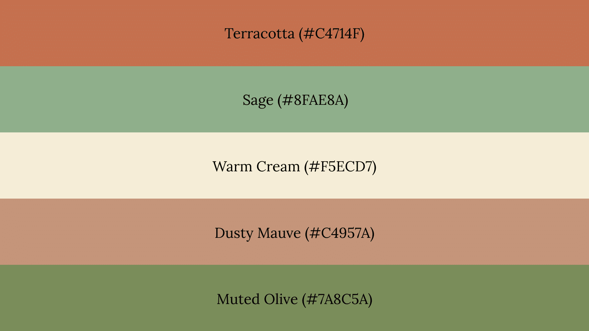 A five-band fall color palette featuring Terracotta, Sage, Warm Cream, Dusty Mauve, and Muted Olive with hex codes.