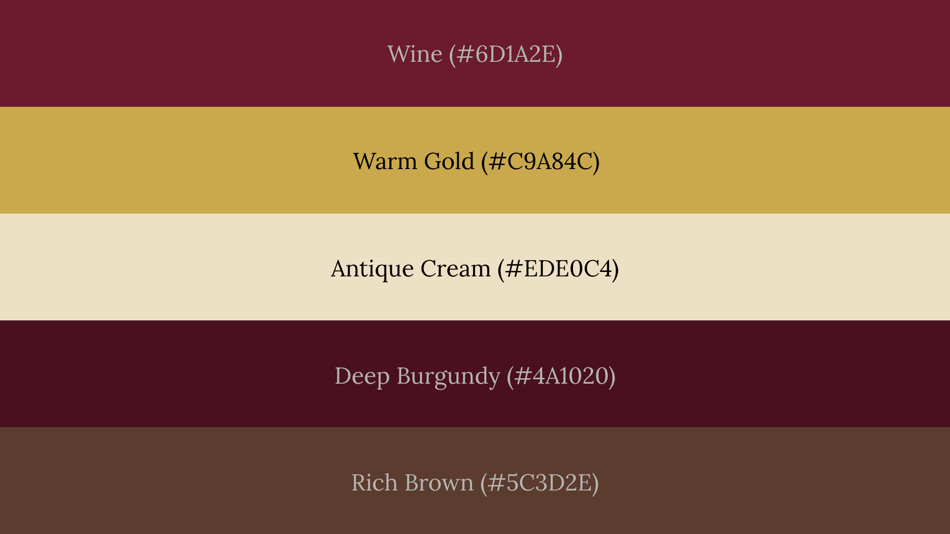 A five-band fall color palette featuring Wine, Warm Gold, Antique Cream, Deep Burgundy, and Rich Brown with hex codes.
