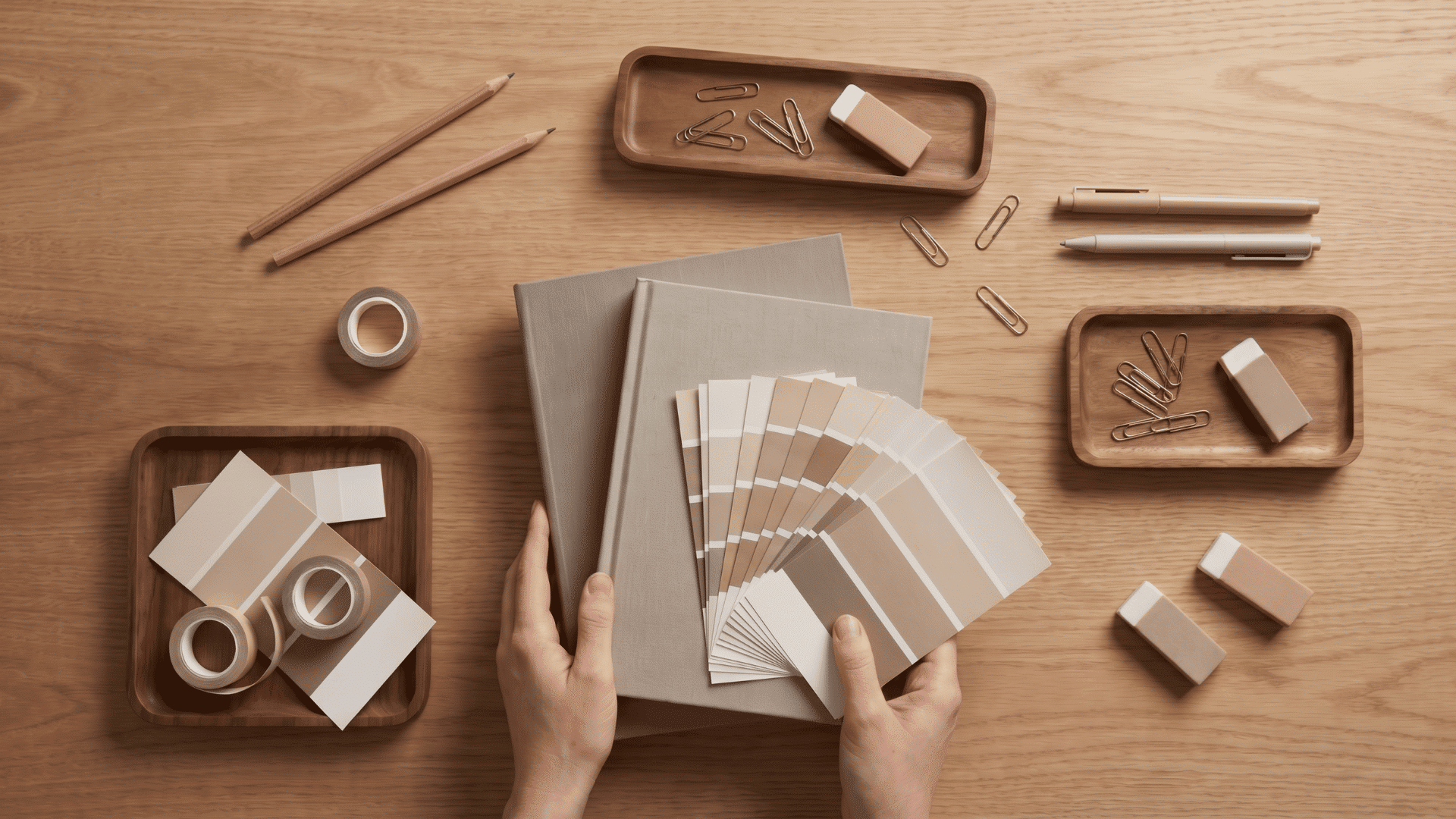 A flat lay photo of hands holding neutral paint swatches over beige notebooks, surrounded by wooden trays and stationery