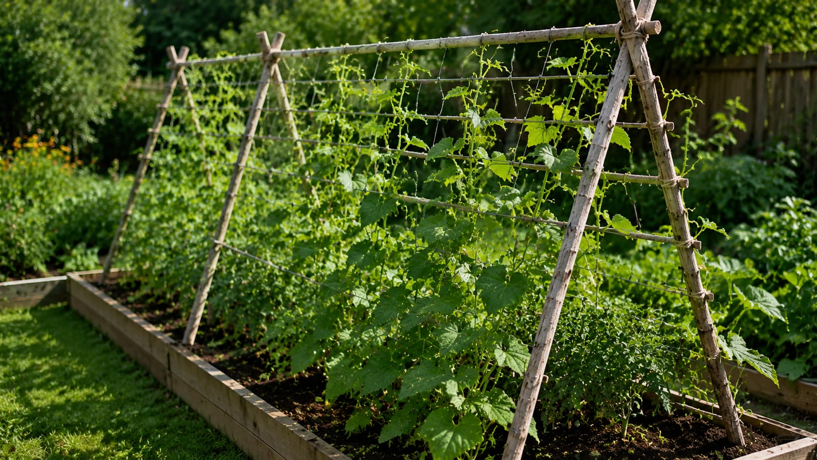 An angled wooden A-frame trellis with horizontal support wires installed over a garden bed for climbing plants.