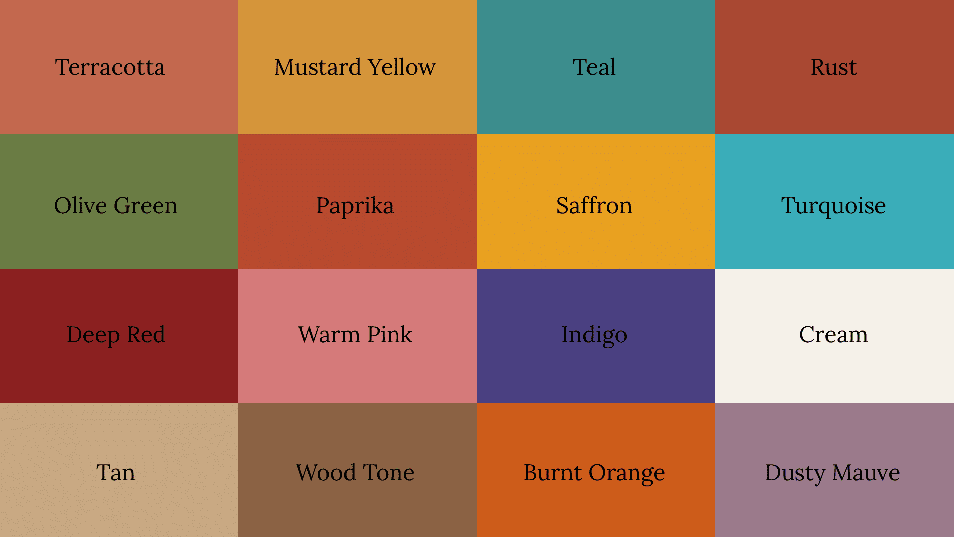 A grid of 16 color swatches including terracotta, olive green, deep red, and tan, labeled with their color names.