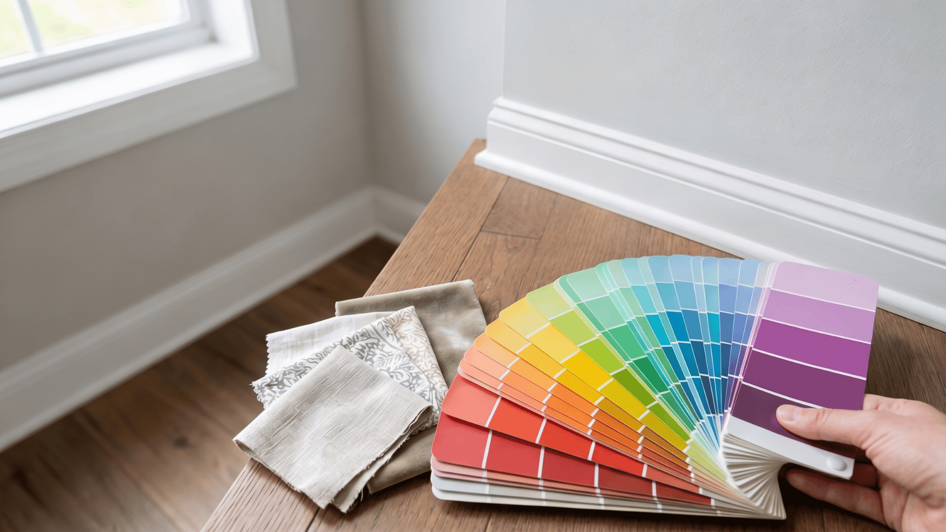 a-hand-holds-a-paint-deck-next-to-fabric-samples-on-a-floor-showing-how-to-choose-a-paint-color-for-a-room