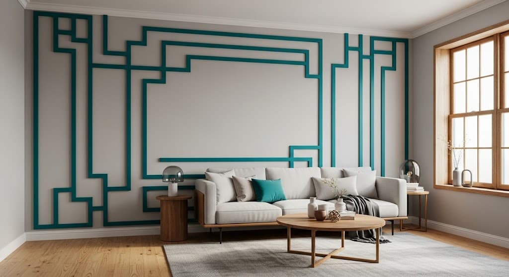 Modern living room with a white accent wall decorated with bold, geometric teal trim patterns above a light gray sofa.