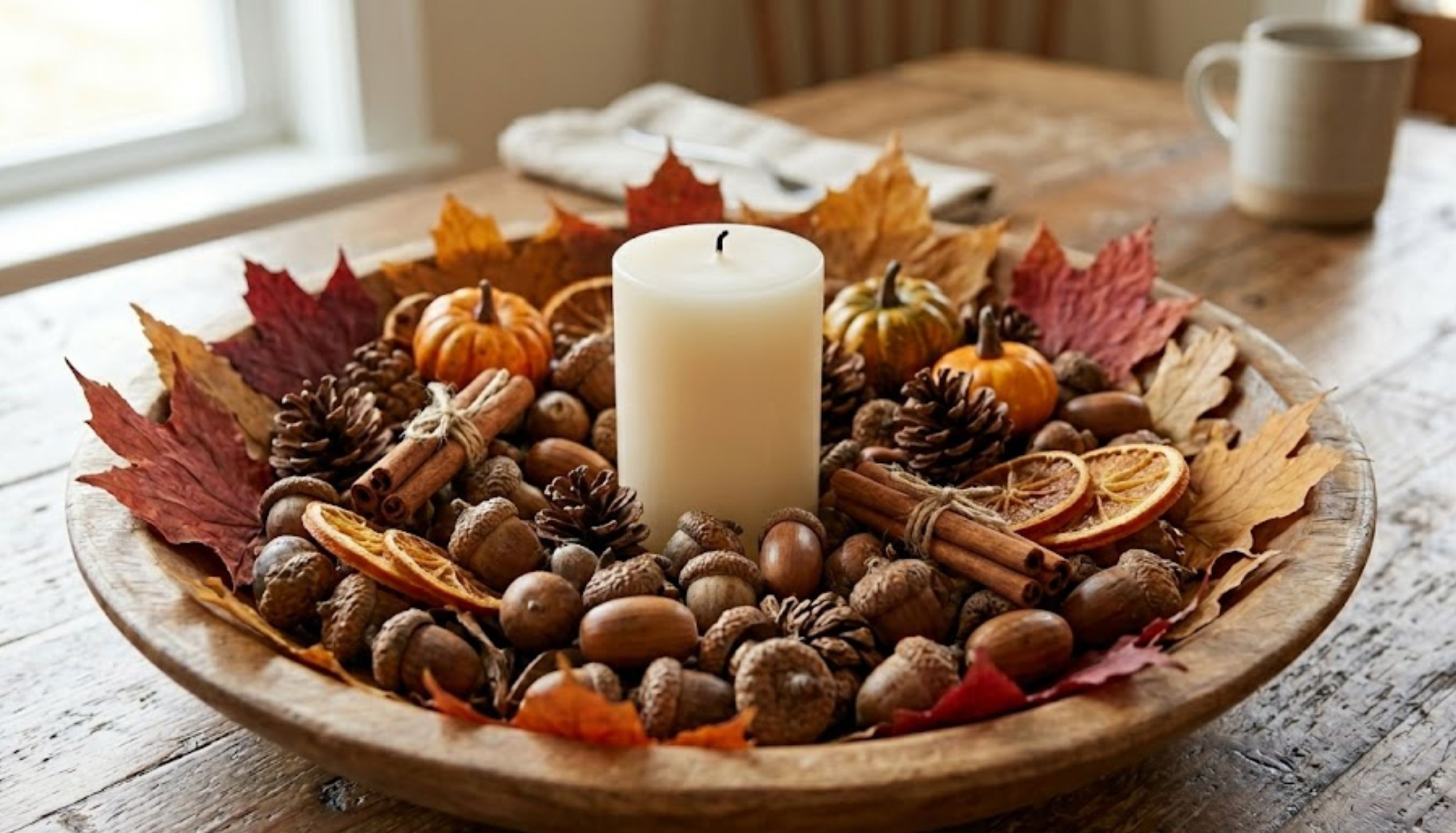 A wooden bowl centerpiece with a white candle, acorns, and mini pumpkins. Try these easy thanksgiving crafts.