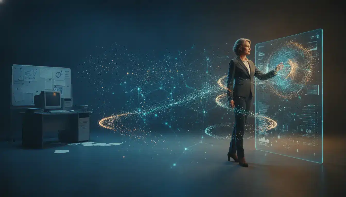Businesswoman interacting with digital holographic display in dimly lit futuristic office setting