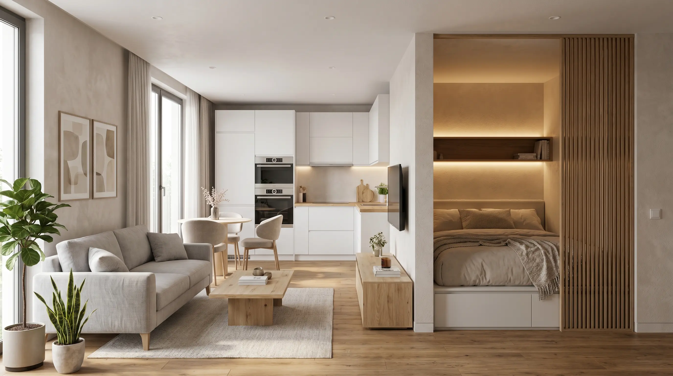 Stylish alcove studio apartment featuring a recessed sleeping nook separated from the main living space with cozy, modern interiors and soft lighting.