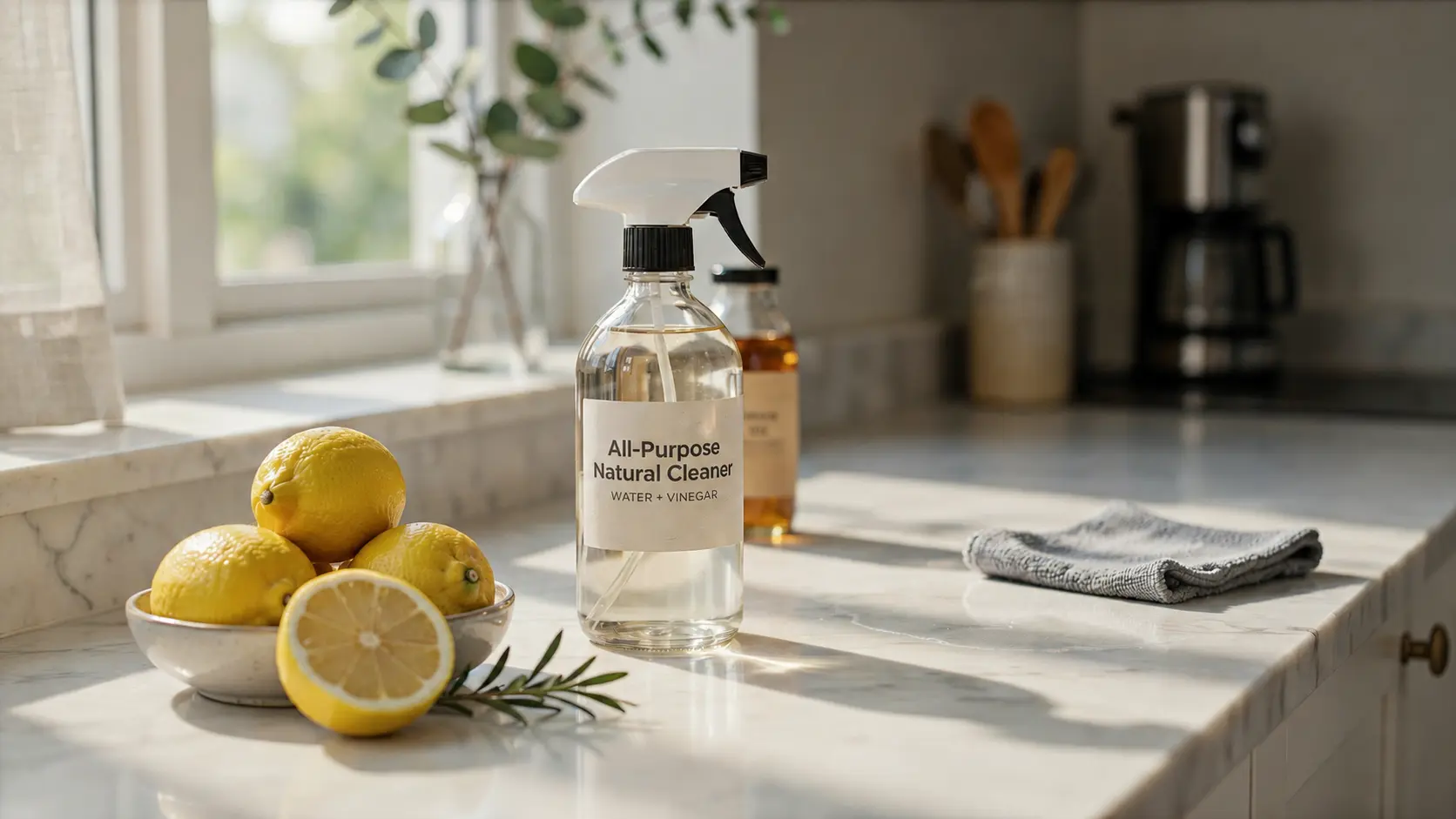 Glass spray bottle of vinegar, water, and tea tree oil being used on kitchen countertop with microfiber cloth.