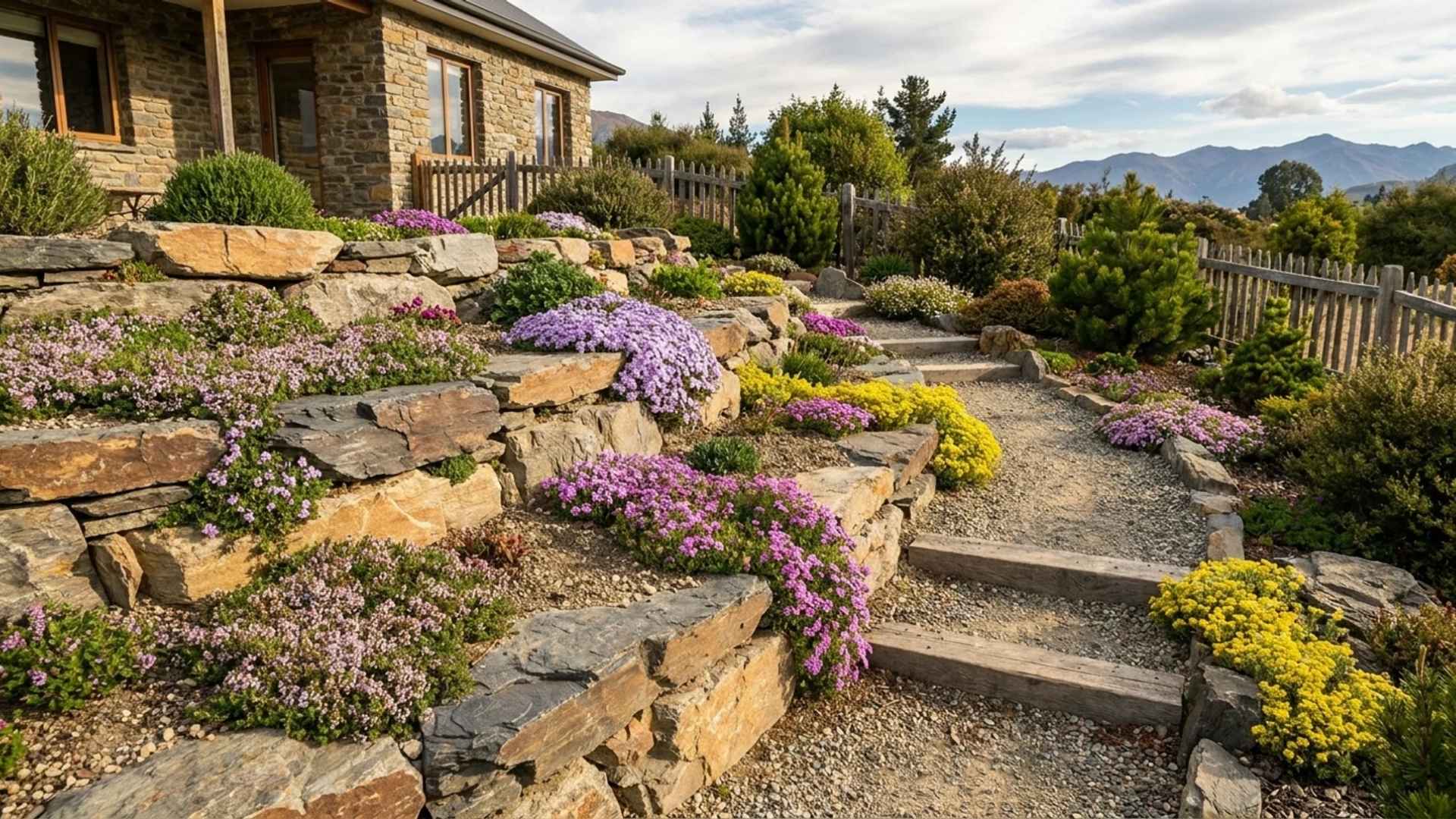 Alpine-style rock garden with layered stone terraces and colorful ground-cover flowers.