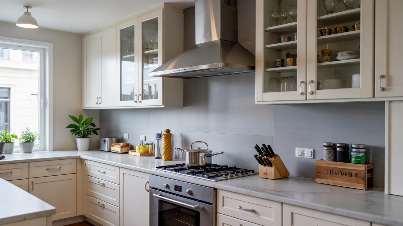 Flat, ultra-modern aluminum composite panels creating a smooth and seamless kitchen backsplash.