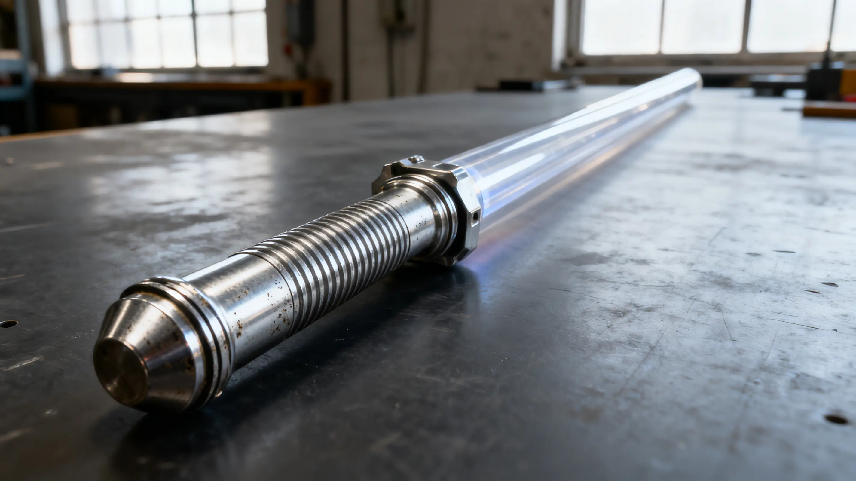Stainless steel and glass-looking rod on metal workshop table in soft natural light