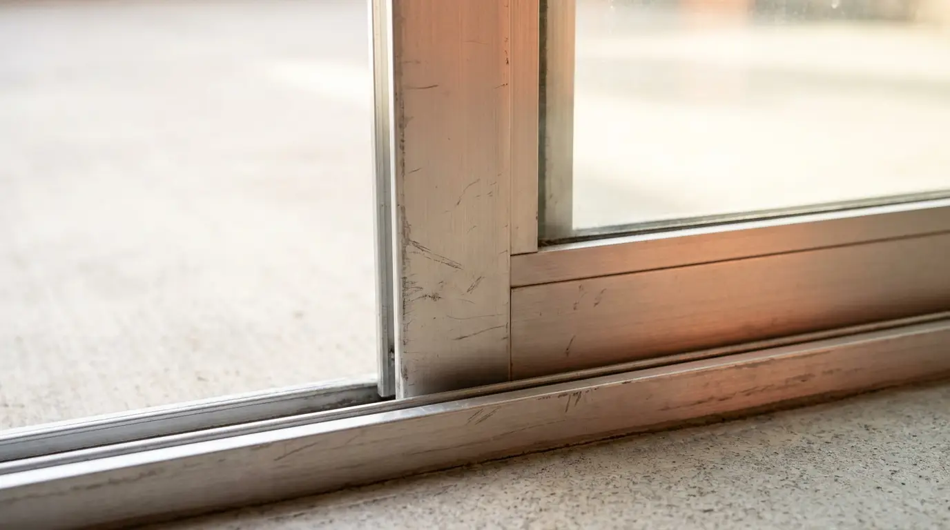 Metal sliding door frame on smooth concrete floor with soft natural light