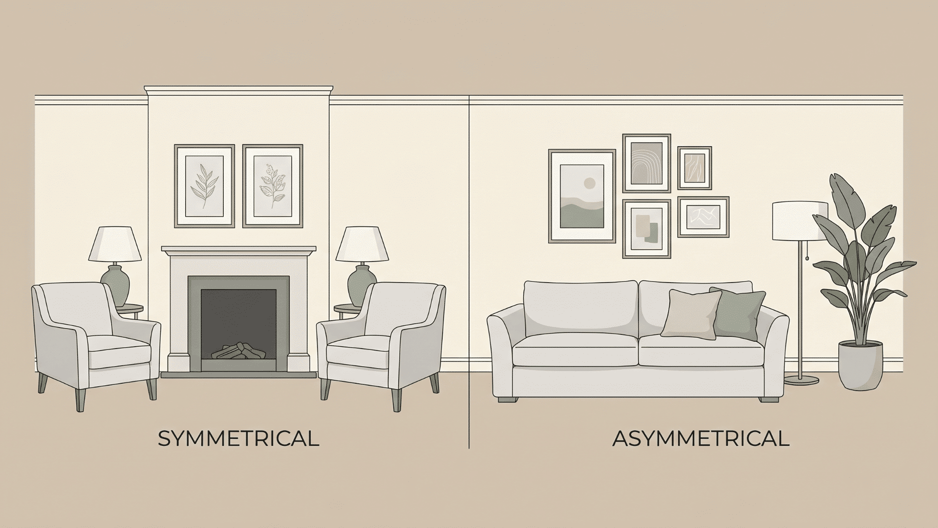 an-illustration-comparing-symmetrical-design-a-fireplace-with-mirrored-armchairs-and-asymmetrical-design-a-sofa-gallery-wall-and-plant