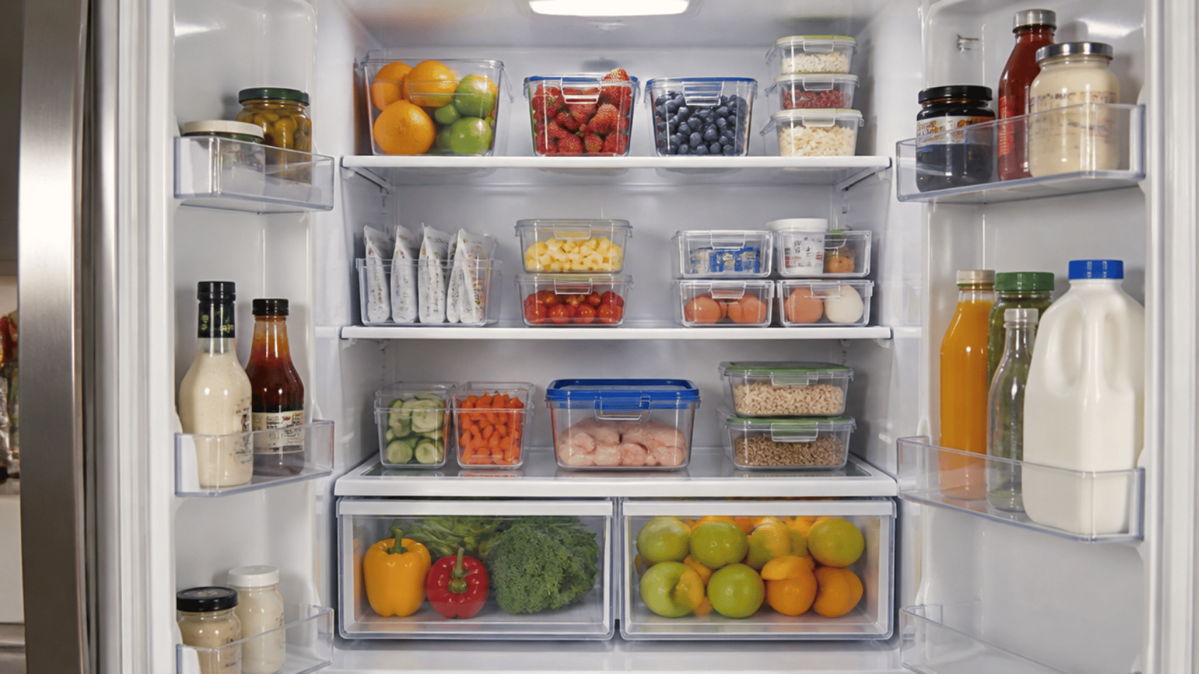 Milk, juice, condiments, jars, fruits, vegetables, eggs, raw chicken, and prepped food in clear containers inside an open refrigerator.